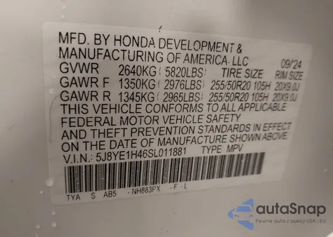 2025 Acura Mdx Technology Package z USA, uszkodzony, nr VIN 5J8YE1H46SL011881